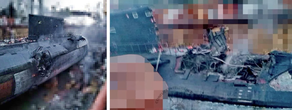 A damaged submarine with significant visible destruction, particularly on the conning tower, is shown in side-by-side images. The surface is charred and debris is scattered around. Part of the images are pixelated.