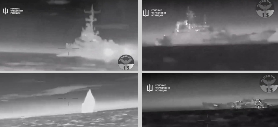Successful attacks by Ukrainian GUR Group-13 operated USVs on TARANTUL Class missile corvette Ivanovets (left) and ROPUCHA Class landing ship Caesar Kunikov (right).